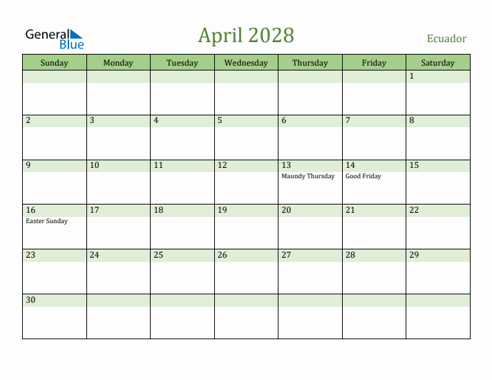 April 2028 Calendar with Ecuador Holidays