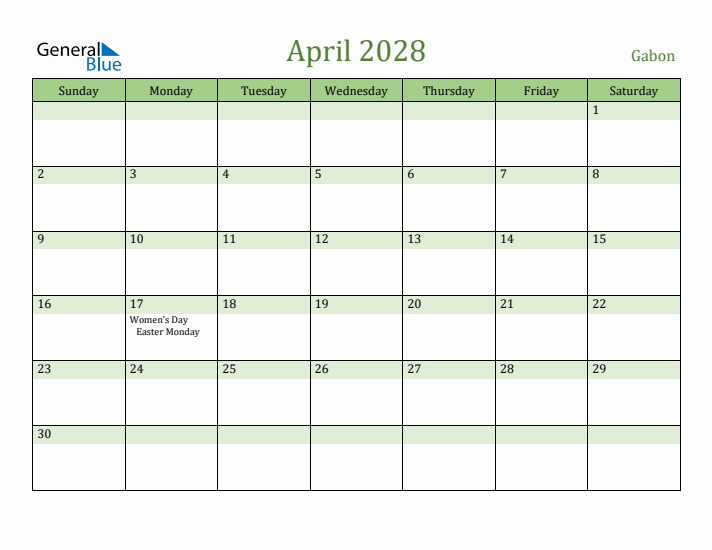 April 2028 Calendar with Gabon Holidays