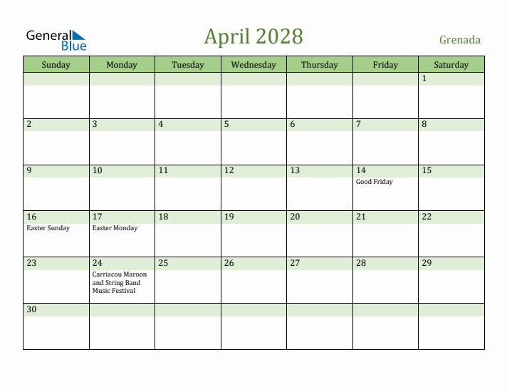 April 2028 Calendar with Grenada Holidays