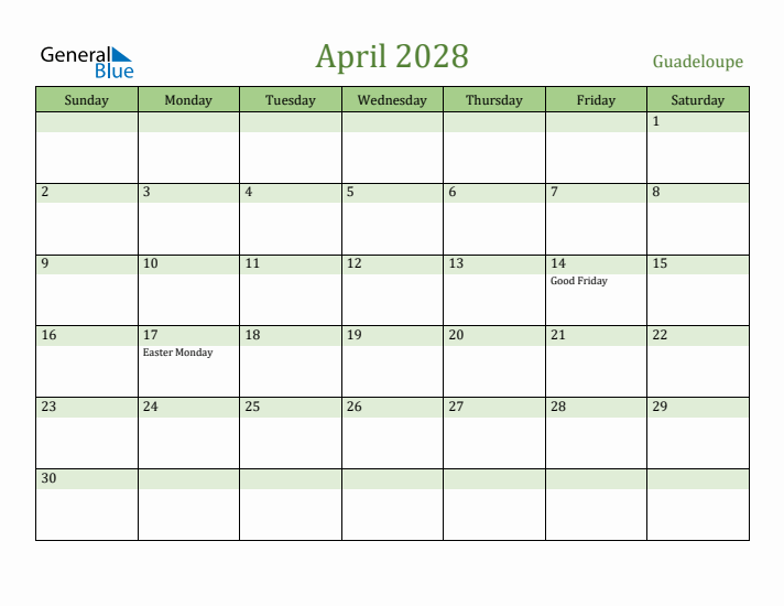 April 2028 Calendar with Guadeloupe Holidays