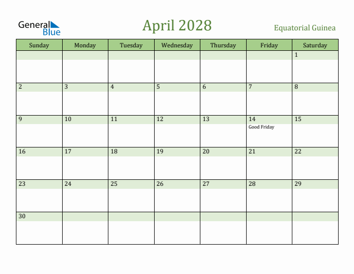 April 2028 Calendar with Equatorial Guinea Holidays