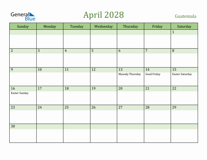 April 2028 Calendar with Guatemala Holidays