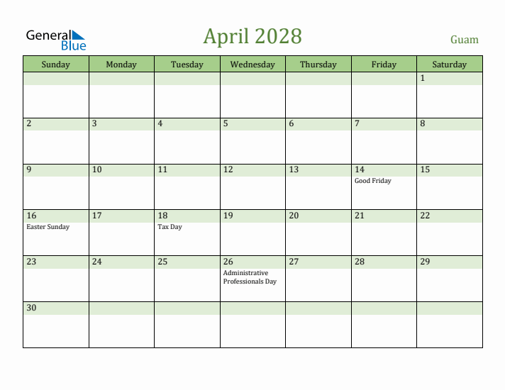 April 2028 Calendar with Guam Holidays