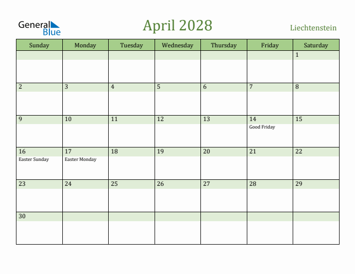 April 2028 Calendar with Liechtenstein Holidays