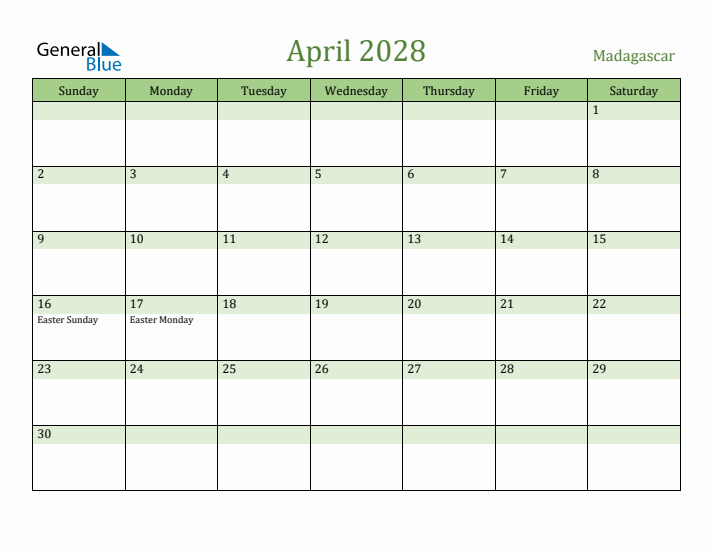 April 2028 Calendar with Madagascar Holidays