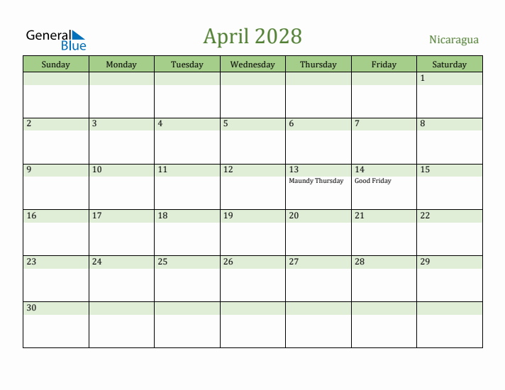 April 2028 Calendar with Nicaragua Holidays