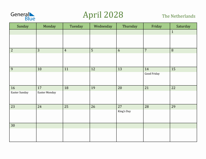 April 2028 Calendar with The Netherlands Holidays