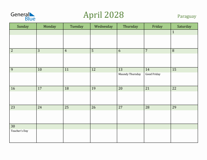 April 2028 Calendar with Paraguay Holidays