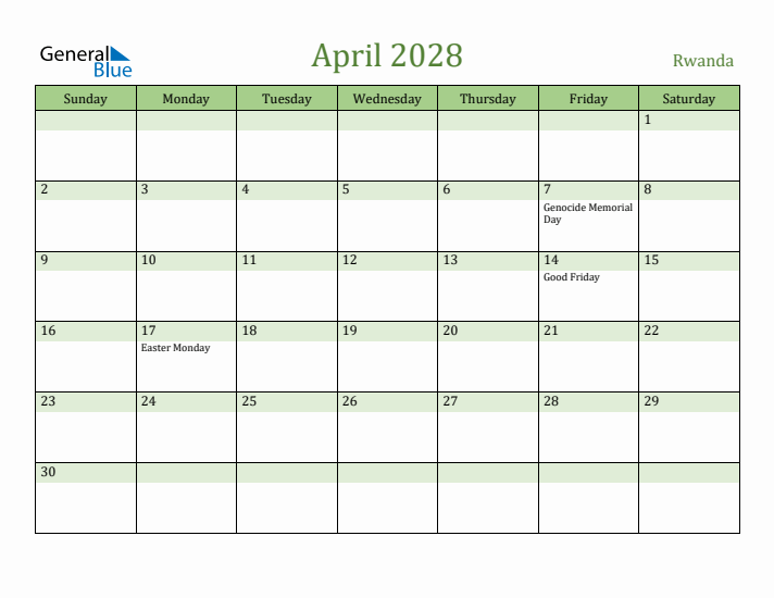 April 2028 Calendar with Rwanda Holidays