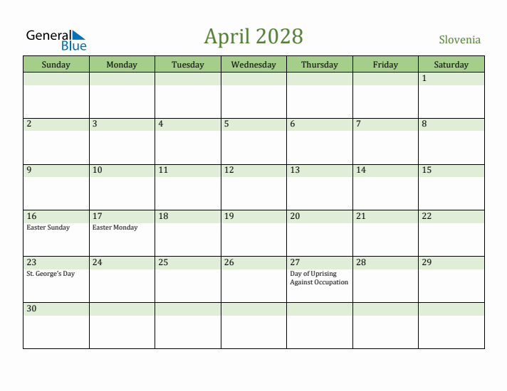 April 2028 Calendar with Slovenia Holidays