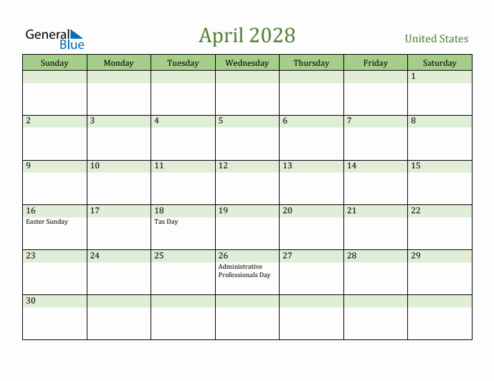 April 2028 Calendar with United States Holidays