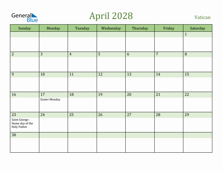 April 2028 Calendar with Vatican Holidays