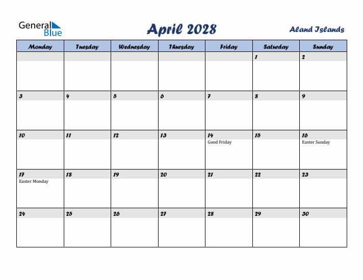 April 2028 Calendar with Holidays in Aland Islands