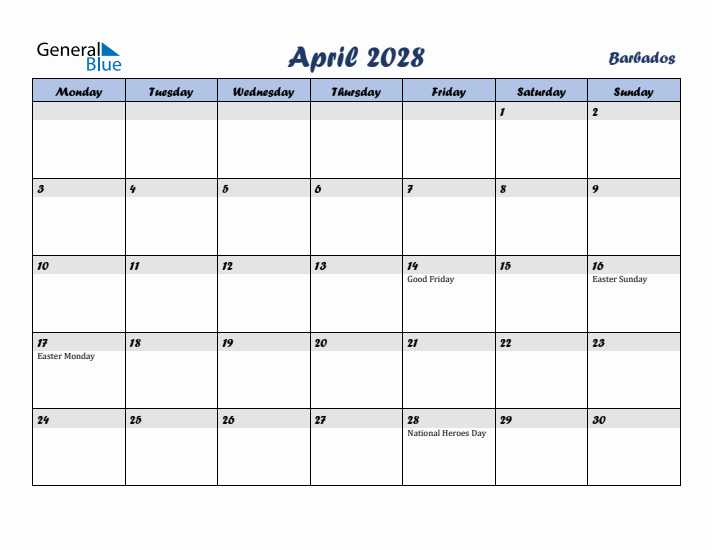 April 2028 Calendar with Holidays in Barbados