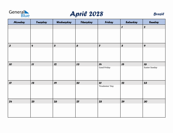 April 2028 Calendar with Holidays in Brazil