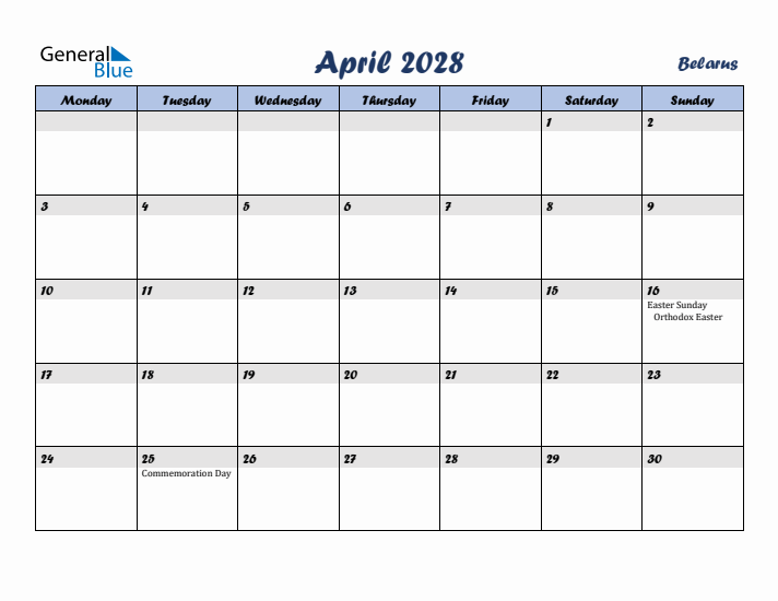 April 2028 Calendar with Holidays in Belarus