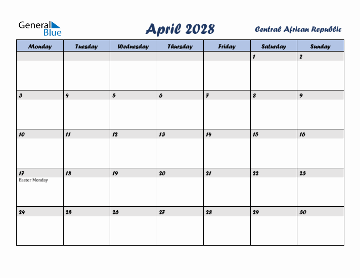 April 2028 Calendar with Holidays in Central African Republic