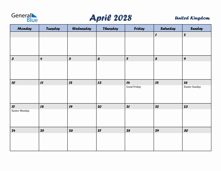 April 2028 Calendar with Holidays in United Kingdom