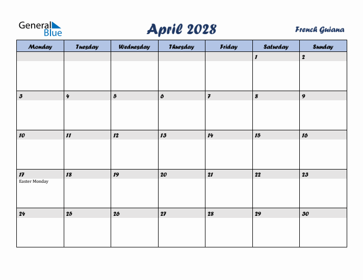 April 2028 Calendar with Holidays in French Guiana