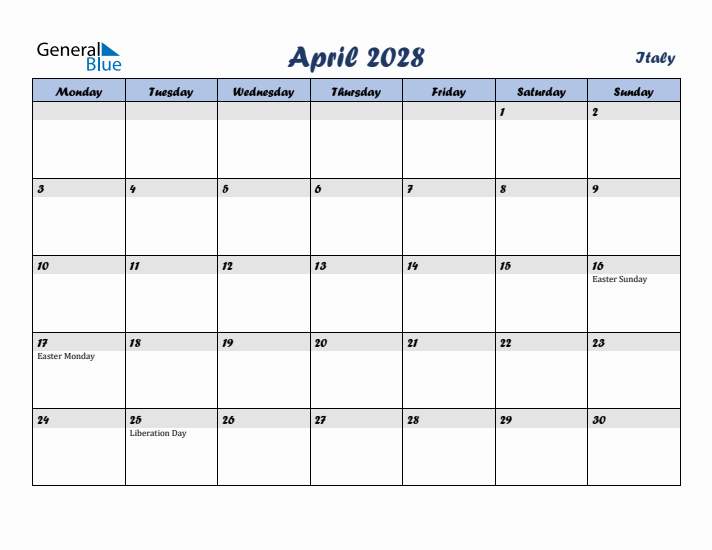 April 2028 Calendar with Holidays in Italy