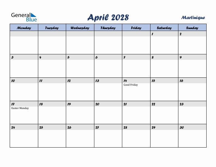 April 2028 Calendar with Holidays in Martinique