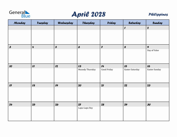 April 2028 Calendar with Holidays in Philippines