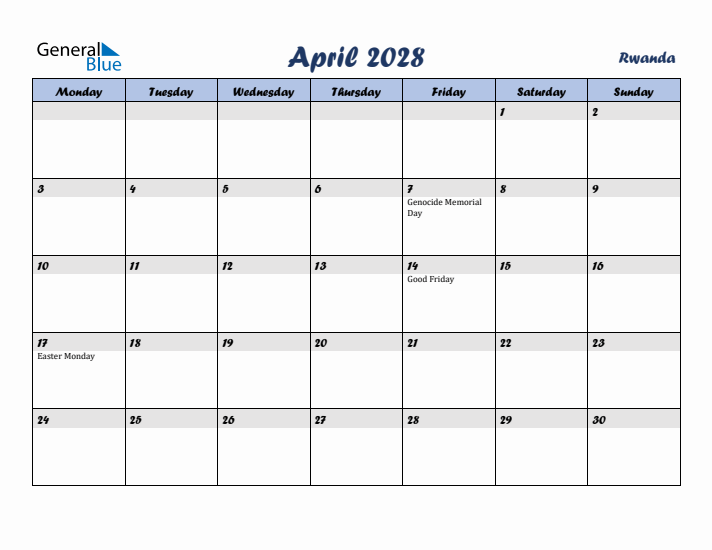 April 2028 Calendar with Holidays in Rwanda