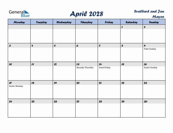 April 2028 Calendar with Holidays in Svalbard and Jan Mayen