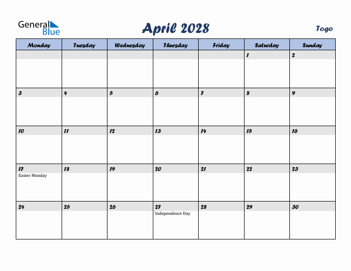 April 2028 Calendar with Holidays in Togo