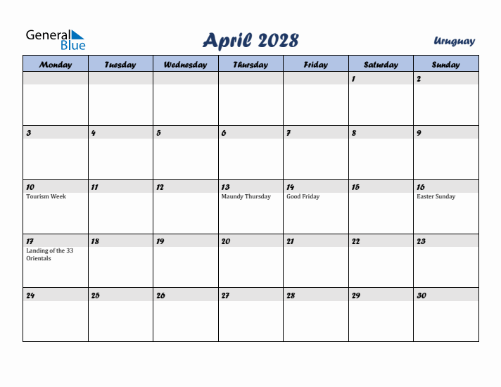 April 2028 Calendar with Holidays in Uruguay