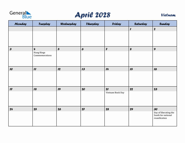 April 2028 Calendar with Holidays in Vietnam