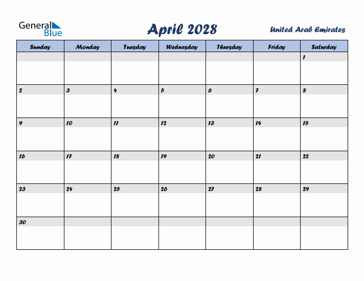 April 2028 Calendar with Holidays in United Arab Emirates