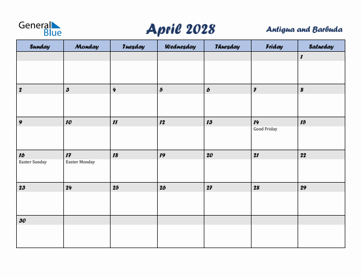 April 2028 Calendar with Holidays in Antigua and Barbuda