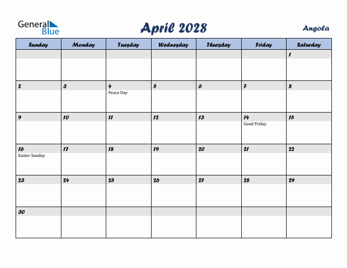 April 2028 Calendar with Holidays in Angola