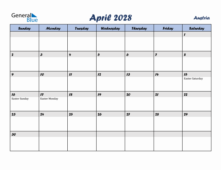 April 2028 Calendar with Holidays in Austria