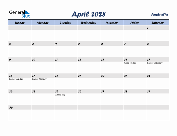 April 2028 Calendar with Holidays in Australia