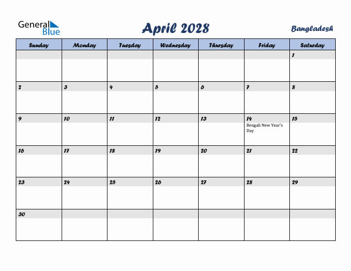 April 2028 Calendar with Holidays in Bangladesh