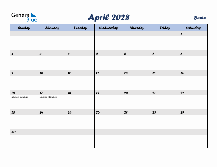 April 2028 Calendar with Holidays in Benin