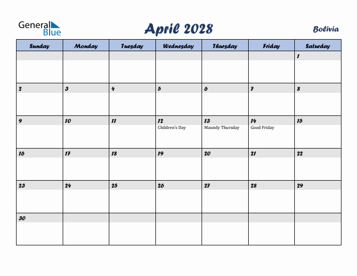 April 2028 Calendar with Holidays in Bolivia