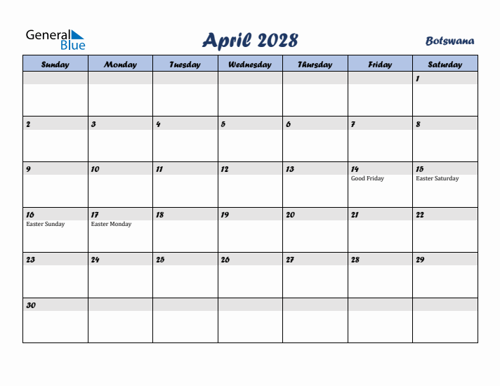 April 2028 Calendar with Holidays in Botswana