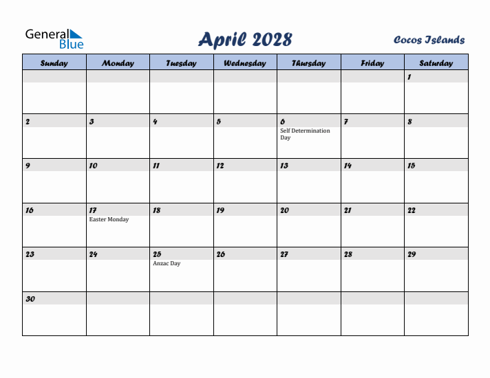 April 2028 Calendar with Holidays in Cocos Islands