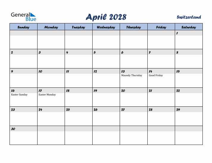 April 2028 Calendar with Holidays in Switzerland