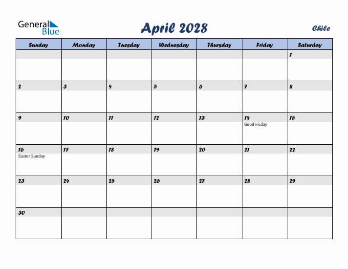 April 2028 Calendar with Holidays in Chile