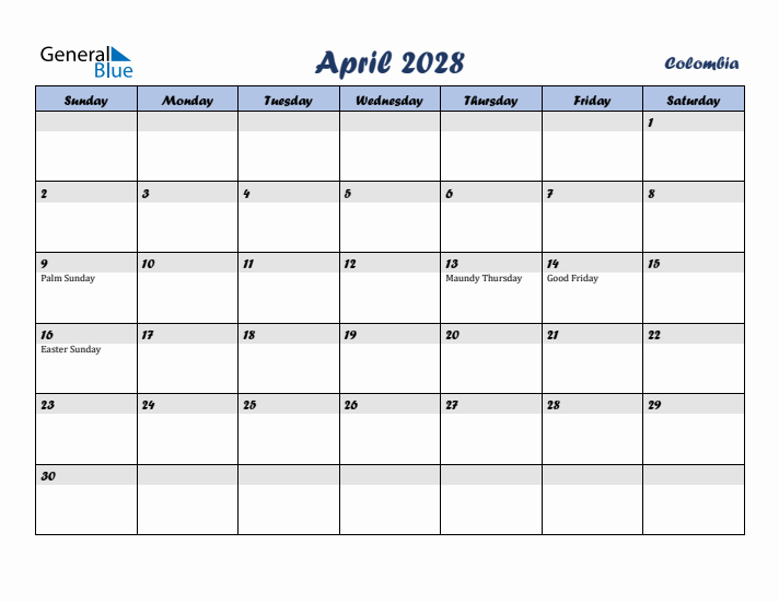 April 2028 Calendar with Holidays in Colombia