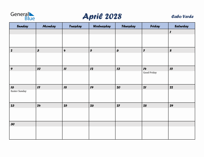 April 2028 Calendar with Holidays in Cabo Verde