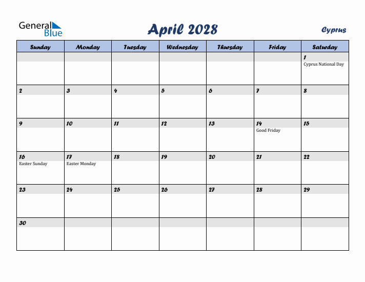 April 2028 Calendar with Holidays in Cyprus