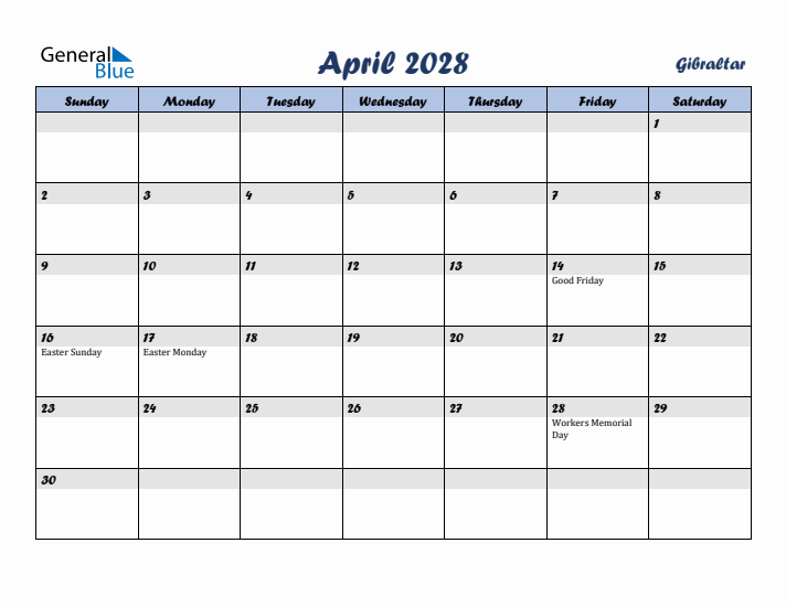 April 2028 Calendar with Holidays in Gibraltar