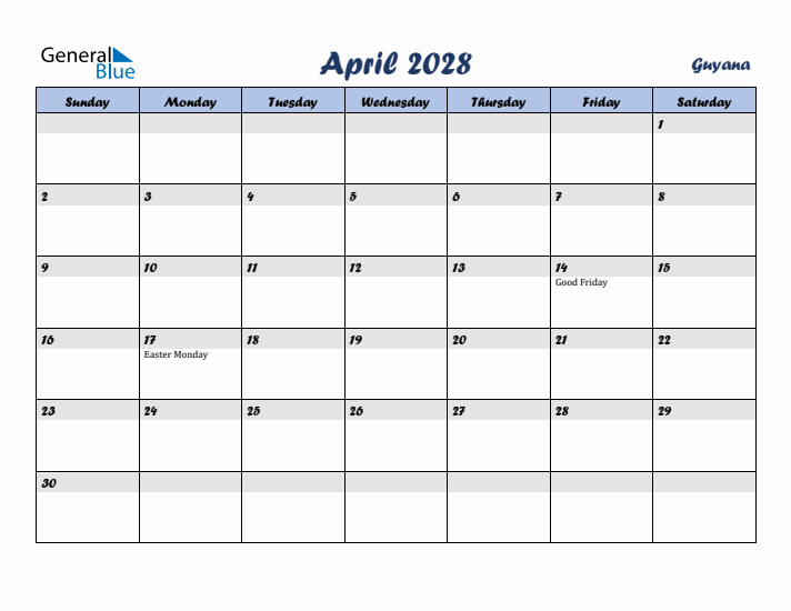 April 2028 Calendar with Holidays in Guyana