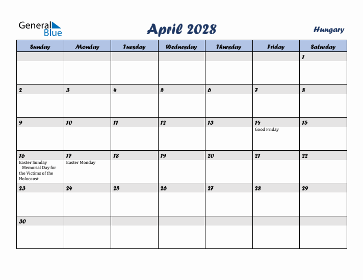 April 2028 Calendar with Holidays in Hungary