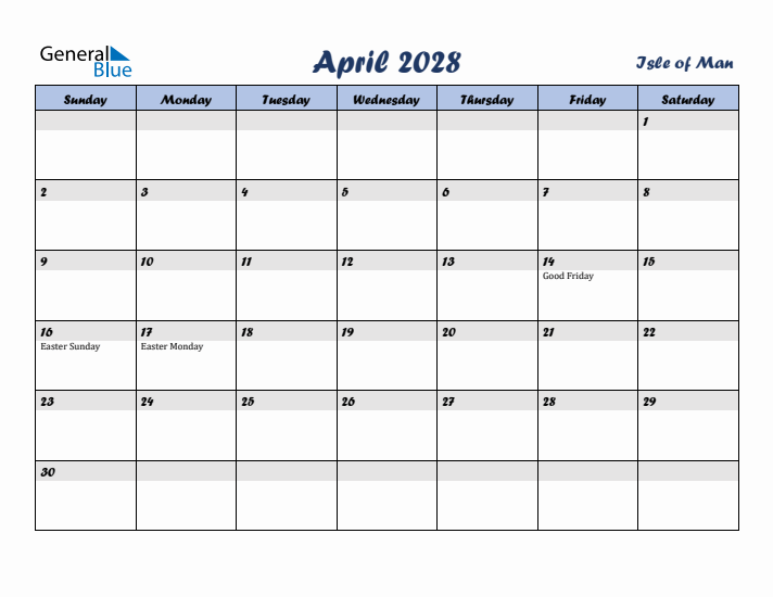 April 2028 Calendar with Holidays in Isle of Man